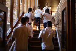 A throng of secondary school aged students ascending a set of stairs as dappled sunlight drapes them through the window