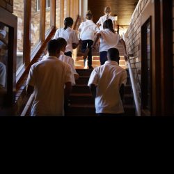A throng of secondary school aged students ascending a set of stairs as dappled sunlight drapes them through the window