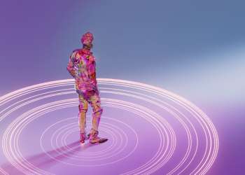 Abstract holographic human image standing in concentric circles.