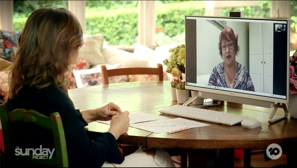 Professor Linda Graham is pictured on a computer monitor talking to a news reporter