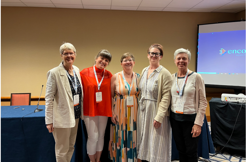 A picture of Dr Glenys Mann (far left) and Associate Professor Sofia Mavropoulou (far right) with three colleagues at the IASSIDD World Conference in Chicago.