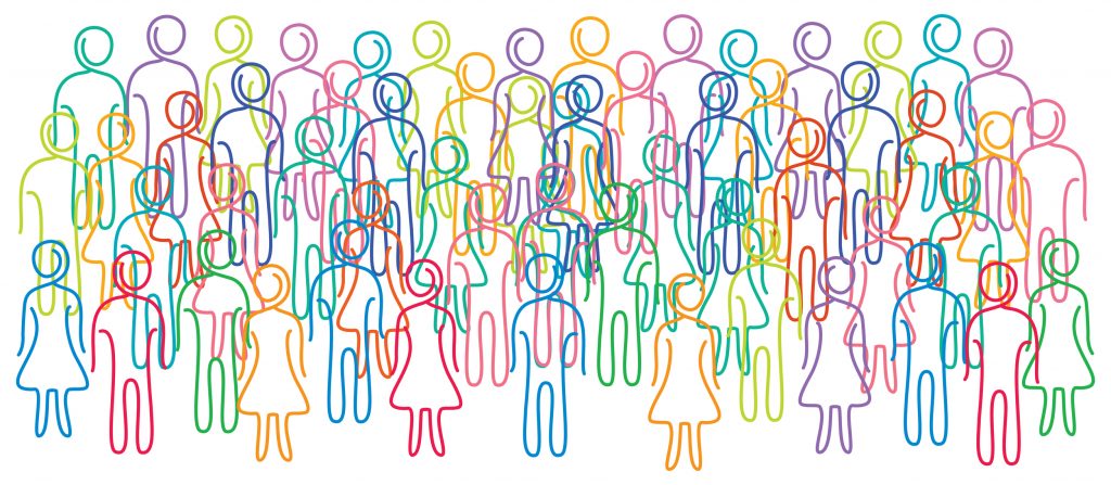 Illustration of large group of people drawn in different colours.