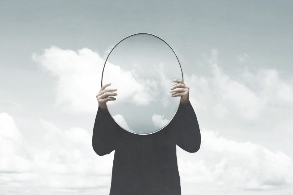 Illustration of woman in black holding a surreal mirror among clouds, surreal abstract concept