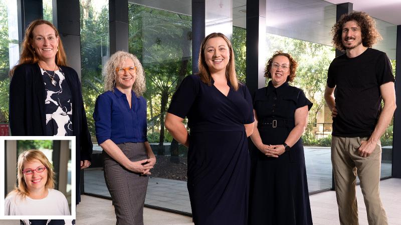 From left: Professor Kirsten Laurens, Professor Jill Willis, Professor Jenna Gillett-Swan, Dr Kirsty Volz and Associate Professor Nick Kelly. Inset Dr Kathryn Kelly.