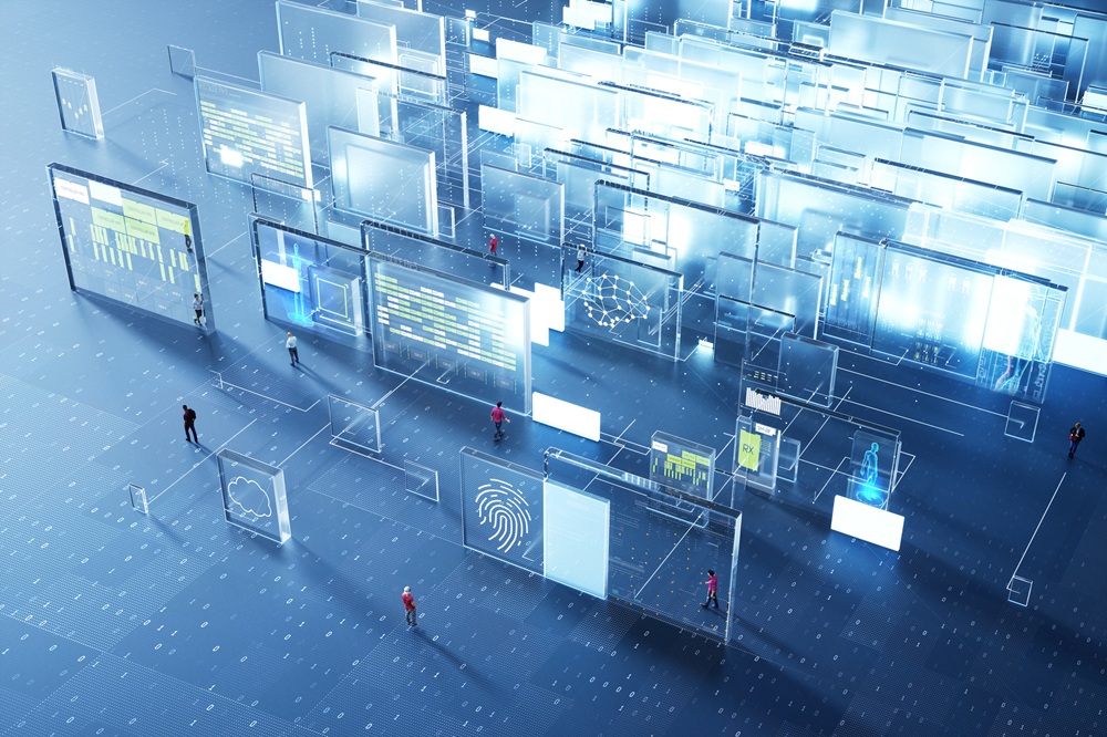 Digital generated image of people surrounded by interactive transparent and glowing panels with data.