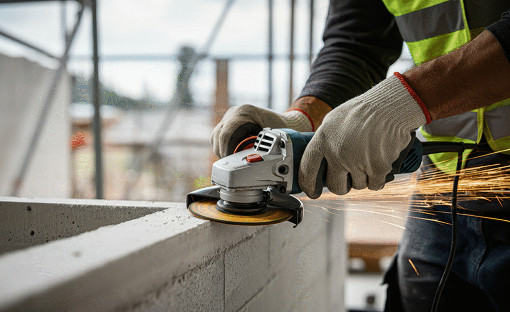 man sanding concrete blocks with silica dust