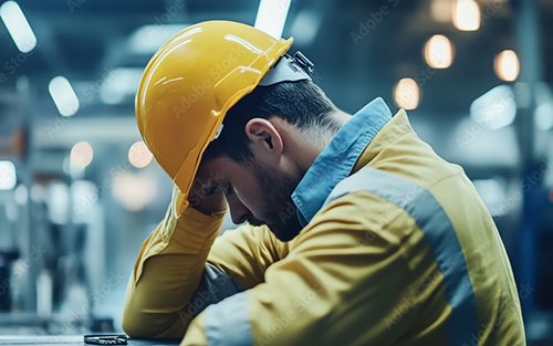 construction worker sitting struggling to cope with hands in head