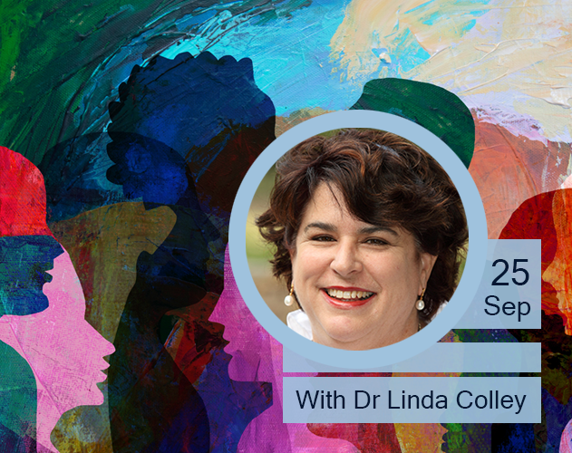 Linda Colley with abstract painting in background