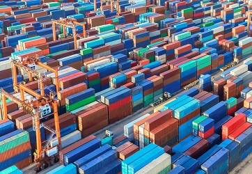 shipping containers at a busy port