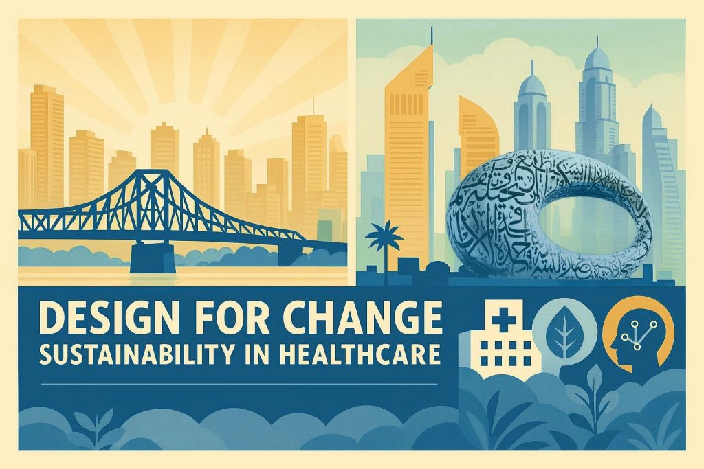 Drawing of Brisbane and Dubai landmarks with text reading "Design for Change: Sustainability in Healthcare"