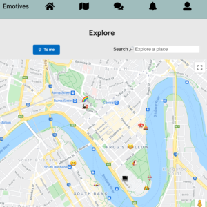 Map of the Brisbane CBD, with emojis placed at various locations.