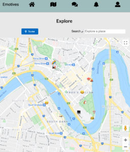 A map of the Brisbane CBD showing emojis in various places, for example a laptop where QUT is located, a train and a rainbow in Roma street station.