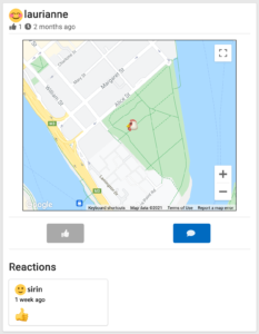 A social media post by "laurianne" showing a piture of a map of QUT, with an emoji of a chicken placed on the botanic gardens. Below the picture, it says "reactions" and we can see that "sirin" said "thumbs up" "1 week ago"