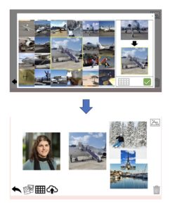 This image shows two screen captures. The top one shows a grid of images, with a image of the plan in the midle, and the same image on a vertical panel on the side. The bottom one show 5 images arranged on the screen, from left to right: a person, the image of the plane, someone skiing, the Eiffel tower and a marina.
