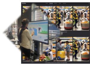 A person from the back using a block coding application on a large screen to make a game, and a grid of variations on a robot in a supermarket