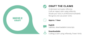 Move 2 is about crafting the claims. It should take about 1 hour and is in English with subtitles and transcripts for download. A template is offered at the end to help with crafting the claim.