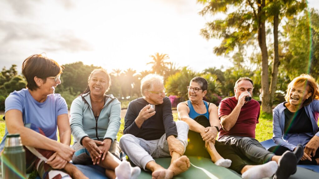 Group of people in a park after an exercise class