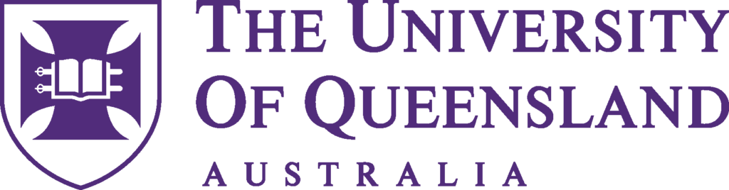University of Queensland logo: a stylised shield with an open book overlaid on a large cross in the middle. To the right are the words "The University of Queensland Australia". Everything is in dark purple.