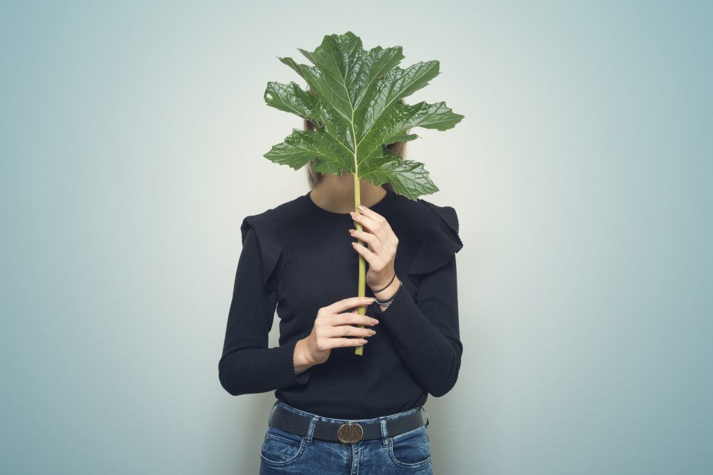 introvert hiding behind a large leaf