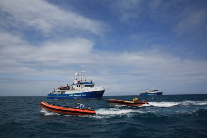 AIMS vessels RV Solander and RV Cape Ferguson on the Great Barrier Reef. Image: Australian Institute of Marine Science