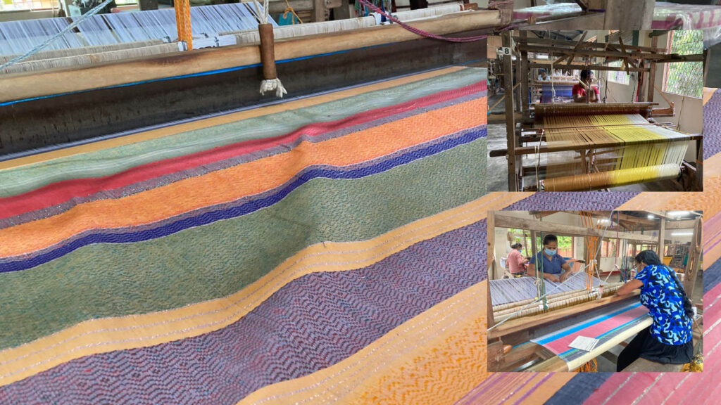 a striped woven textile on a loom and inset images of people weaving