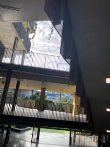 Photo looking up to the sky from inside the school atrium.