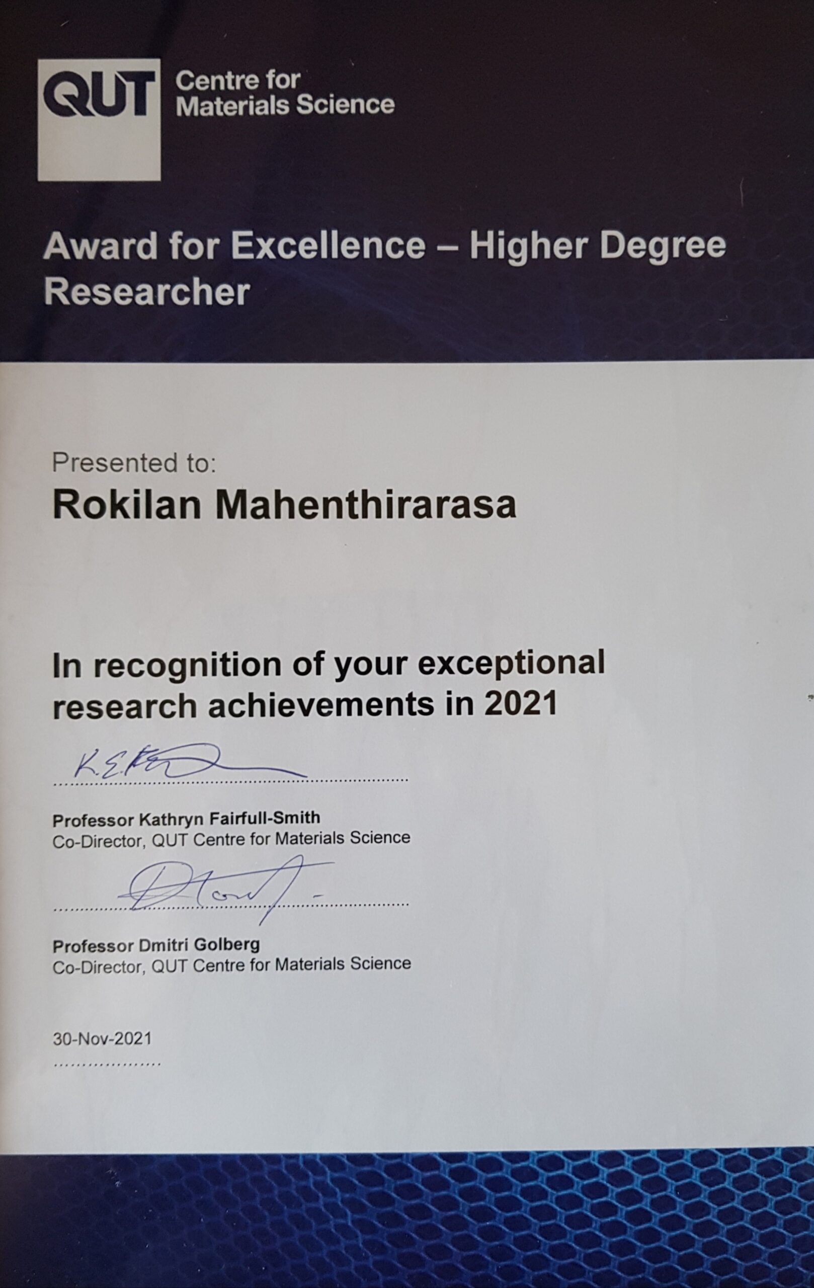 Award for Excellence Higher Degree Researcher Wind and Fire
